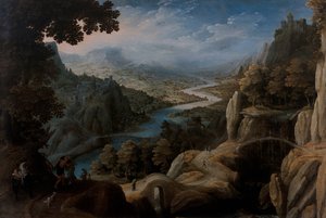 An Extensive Mountainous River Landscape with the Reconciliation of Jacob and Laban, a fortified town on a cliff top beyond