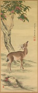 长寿的象征：桃树和松树下的鹿（右图 作者 户田忠中