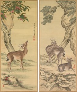 长寿的象征桃树和松树下的鹿 作者 户田忠中