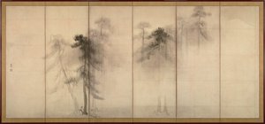 松树 一对六段式折叠屏风的左边，16世纪 作者 长谷川东白