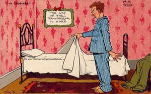 男子正在考虑他那张不舒服的单人床（彩色石版画）