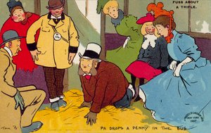 男子寻找掉落的硬币（彩色石版画）