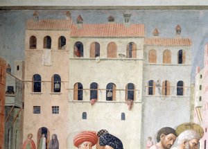圣彼得治疗跛子和塔比莎的崛起背景建筑细节，c.1427壁画也参见57195 作者 Tommaso Masolino da Panicale