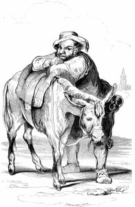堂吉诃德（Quijote，Quixote）的侍从桑丘-潘沙（Panca）和他的驴子。塞万提斯小说的插图，1845 年由 Dubochet  Cie 在法国出版，Louis Viardot 翻译，ony Johannot 雕刻。