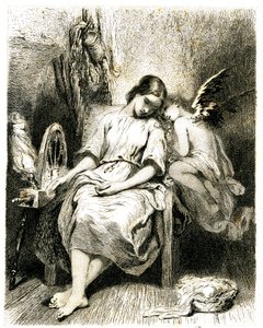年轻女子（纺纱女工）在纺车旁熟睡--一位天使俯在她肩上--睡眠--梦境--遐想--爱情--雕刻（蚀刻版画，1845 年），作者 Tony Johannot (Antoine Johannot dit) 作者 托尼·约翰诺特
