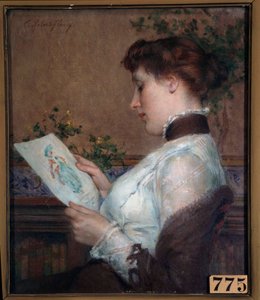 图片 一个女人在欣赏一幅画。托尼-罗伯特-弗勒里（1837-1912）的画作 19世纪 奥尔良，艺术博物馆