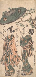 演员Arashi Otohachi扮演一个穿着女人衣服的年轻武士，约1756年。