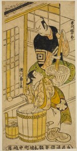 1732 年正月在中村剧场上演的话剧《初音阿基奈曾我》中饰演 Kenkaya Gorouemon 的演员市川团十郎二世和饰演 Osen 的濑川菊之条一世 作者 鸟居清二
