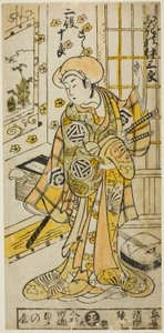 1734 年正月在中村剧场上演的话剧《曾我的朱雀今代》中饰演寅和曾我之十郎两个角色的演员荻野三郎一世。 作者 鸟居清二