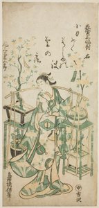 演员小野江菊五郎 I，"卖花人三联画（Hanauri sanpukutsui）"右页 作者 鸟居清二