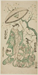 1748 年正月在市村剧场上演的话剧《名古屋曾我梦筑》中饰演曾我之五郎的佐野川一松一世和饰演外坂之庄的生岛大吉二世。 作者 鸟居清二