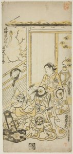 1743 年正月在市村剧场上演的话剧《曾我的曙光之春》中饰演大矶之鸟的演员玉泽西次郎一世和饰演曾我之十郎的演员市村右左卫门八世 作者 鸟居清二