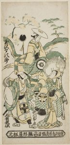 1744 年正月在中村剧场上演的话剧《佐敷瑞石末广源氏》中饰演牛若丸的玉泽西次郎一世、饰演大六的濑川菊之丈一世和饰演松野五郎的大谷鬼次一世。 作者 鸟居清二