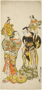 1725 年正月在中村剧场上演的戏剧《伊豆海上旅行日记》（"Funadama Izu Nikki"）中的木偶演员山下金作一世和早川初濑。 作者 鸟居清二