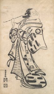 一个站立的花魁，右手拿着烟斗，转身看着身后的树叶...，约1705年。