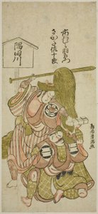 1765 年正月在市村剧场演出的话剧《伊吕净鸥曾我光》中饰演男仆贡助的演员市村右卫门九世和饰演山贺之佐代的坂田佐九郎一世 作者 鸟井清光一号