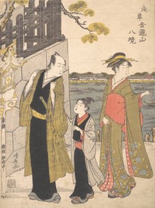 一个男人带着一个男孩和一个艺伎参观金柳山寺，约1787年。