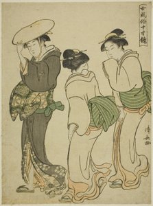 一个女人和两个女仆》，选自 "女性礼仪之镜（Onna fuzoku masu kagami）"系列