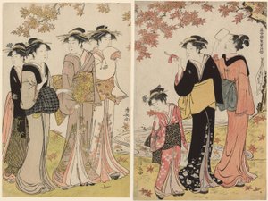 枫树下的美人》，选自 "当代美女悦趣集（Tosei yuri bijin awase）"系列 作者 永永鸟居