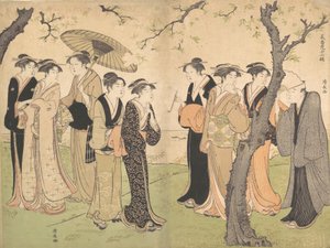 御殿山樱花树下的六位艺伎组，约1785年。