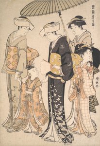高级武士女孩与四名随从，出自《东方M.的锦缎》系列，约1784年。 作者 永永鸟居