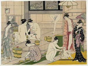 Le bain des femmes（《澡堂里的女人》）--Torii Kiyonaga（1752-1815 年）的作品，版画（18x13.5 厘米），约 1790 年--私人收藏