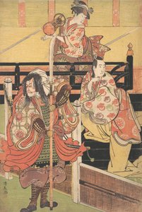 在阳台上，一个女人坐在那里弹奏Tsuzumi，下面是一个穿着大名服装的男人在海...，约1790年。 作者 永永鸟居