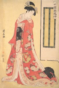 十种风格的图片Jittaiga Fuzoku：一个带着狗的年轻女人，约1790-91。