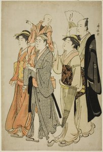 演员市川团十郎五世和他的家人，选自展示演员私生活的四幅无标题系列作品 作者 永永鸟居