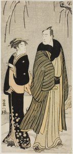 演员松本小四郎和一位艺妓，选自无标题的演员私生活版画系列 作者 永永鸟居