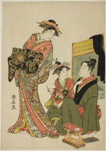 演员中村理子与歌妓，选自描绘演员私生活的无标题艾班版画系列 作者 永永鸟居