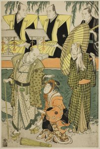 1783 年 5 月在盛田剧院上演的话剧《京成小比丘》中饰演中兵卫的万户松四郎、饰演梅川的大川常代二世和饰演马高右卫门的中村桂五郎。 作者 永永鸟居