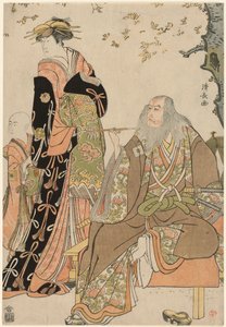 1784 年 3 月，在中村剧场上演的话剧 "淑德雪里的江户樱 "中，饰演樋口伊久的演员市川团十郎五世、饰演上卷的中村理子以及饰演上卷随从的市川惠比藏。