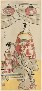 演员市川门之助二世和濑川菊之丈三世，选自庆祝曾我兄弟神社祭祀的 11 位演员的五联画 作者 永永鸟居