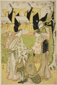 1784 年 11 月在 Kiri 剧场上演的话剧 "Tsumoru Koi Yuki no Seki no To "中饰演 Munesada 的演员 Ichikawa Monnosuke II、饰演歌妓 Sumizome 的演员 Segawa Kikunojo III 和饰演 Sekibei 的演员 Nakamura Nakazo I。 作者 永永鸟居