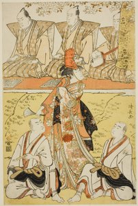 1783 年 4 月在中村剧场上演的正剧 "真田朔花无生梦道场寺 "中饰演小糸的濑川菊之条三世、饰演僧侣三念坊的泽村宗十郎三世和饰演僧侣莲生坊的市川门之助二世。 作者 永永鸟居