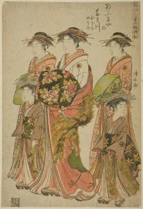 荻屋的宫女泷川与她的随从尾上和美奈美，选自 "时装模特 "系列：如嫩叶般清新的新设计（雏形若花之初叶）