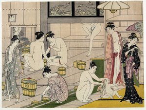 公共浴池里的女人。 Torii Kiyonaga (1752-1815) 的日本版画，大约 1785 年。 Torii School（浮世绘或浮世绘）。