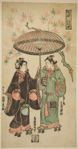 Sanogawa Ichimatsu I 饰演 Kumenosuke，Takinaka Hidematsu I 饰演 Oume：三联画（Aigasa sanpukutsui） 作者 鸟井清信二世