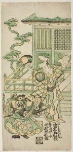 1746 年 10 月在市村剧场演出的话剧《千乡泽仓二叶集》中饰演荒木庄左卫门的万户彦三郎（Bando Hikosaburo I）和饰演大同寺多半之助的中村助五郎（Nakamura Sukegoro I）。