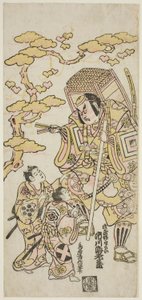 1744 年正月在中村剧场上演的话剧《曾我末广源氏》中饰演武藏坊本庆的演员市川惠比藏二世、饰演曾我五郎的坂田信太郎和饰演曾我十郎的泷川欣也（？ 作者 鸟井清信二世