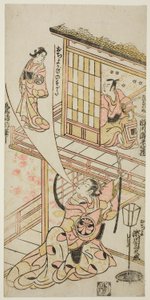 1744 年 8 月在中村剧场上演的话剧《东山五次津八重屋半兵卫》中饰演武之助的市川惠比藏二世、饰演落合的濑川菊之条一世以及饰演落合灵魂的松岛吉三郎。 作者 鸟井清信二世