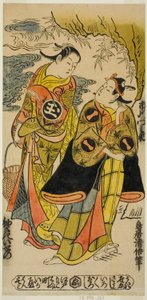 演员 Ichikawa Monnosuke I 饰演 Minamoto no Yoshiie，Sodesaki Iseno I 饰演 Onoe no Mae，该剧于 1726 年 11 月在 Nakamura 剧院上演（？） 作者 鸟井清信二世