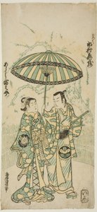 1748 年 11 月在市村剧场演出的话剧《北藏云泽八幡》中饰演关东甲禄的演员市村龟三一世和饰演林崎的岚富之助一世