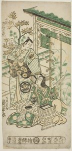 1747 年 8 月在市村剧场上演的话剧 "Mangetsu Oguri Yakata "中饰演小栗恒庵的演员市村右卫门八世和饰演辉夜前的濑川菊之条一世