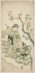 1747 年 11 月在市村剧场演出的话剧 "Shusse Momijigari "中饰演平之可立的演员市村右卫门八世和饰演牧之前的演员岚小禄 作者 鸟井清信二世