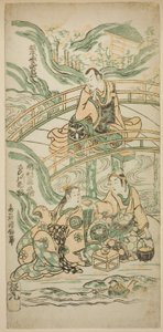 1749 年正月在市村剧场上演的话剧《初寅鞍马源氏》中饰演熊坂长汉的演员松本小四郎二世、饰演伊势三郎的市村龟三一世和饰演牛若丸的佐野川市松一世 作者 鸟井清信二世