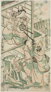 1747 年 8 月在市村剧院上演的话剧 "Mangetsu Oguri Yakata "中饰演池之章的佐野川市松一世和饰演小萩日立的濑川菊次郎一世。 作者 鸟井清信二世