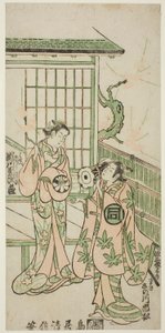 1747 年 11 月在市村剧场上演的话剧 "Shusse Momijigari "中饰演源赖政的佐野川市松一世和饰演信仓妻子 Karumo 的濑川菊次郎一世。 作者 鸟井清信二世