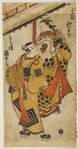1715 年正月在中村剧场上演的话剧《曾我班道一小鸠》中饰演曾我五郎的演员市川团十郎二世和饰演炽卫坂之章的中村武三郎一世